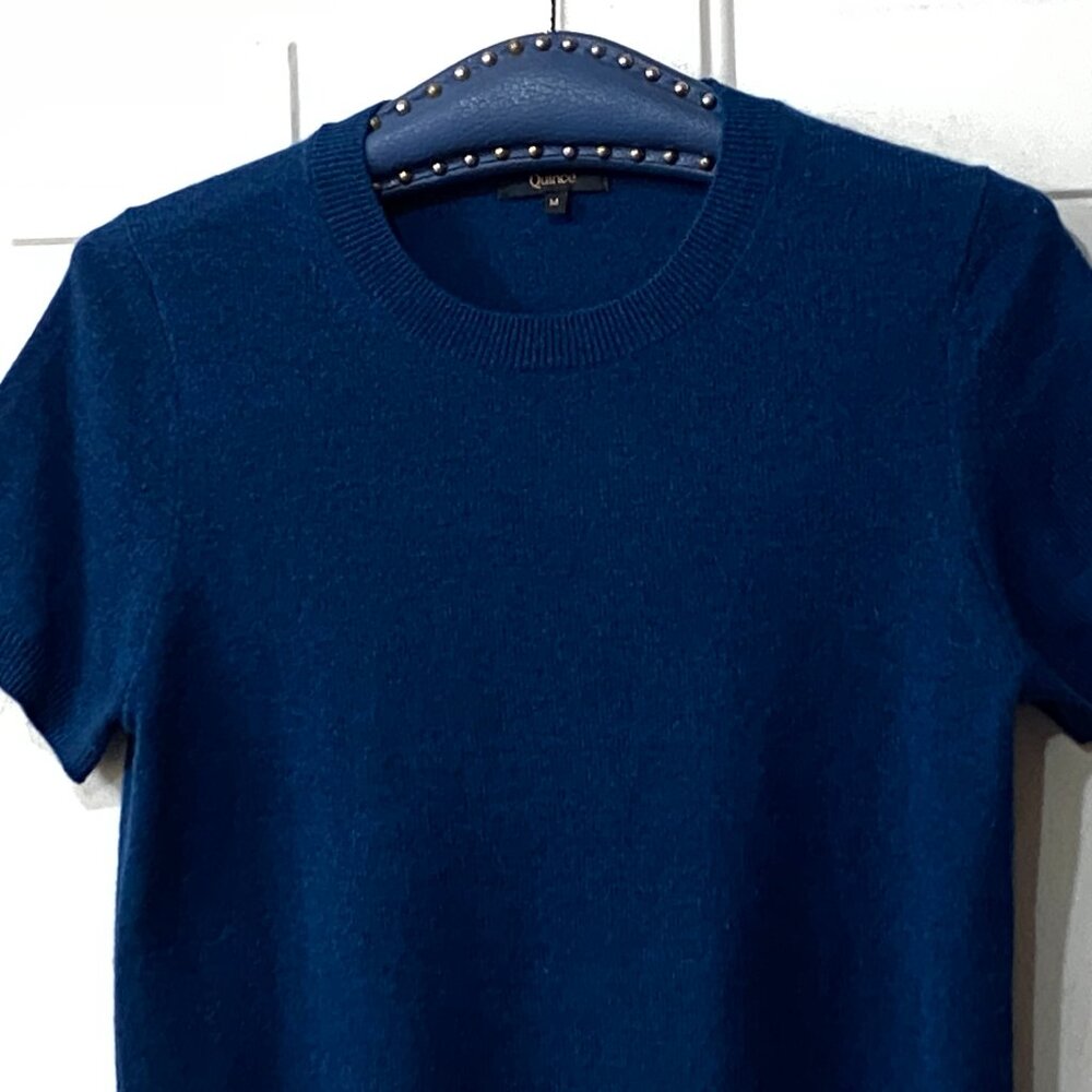 NEW Quince Mongolian Cashmere Sz M Women Sweater Pullover Short Sleeve Dark Blue - Picture 2 of 10